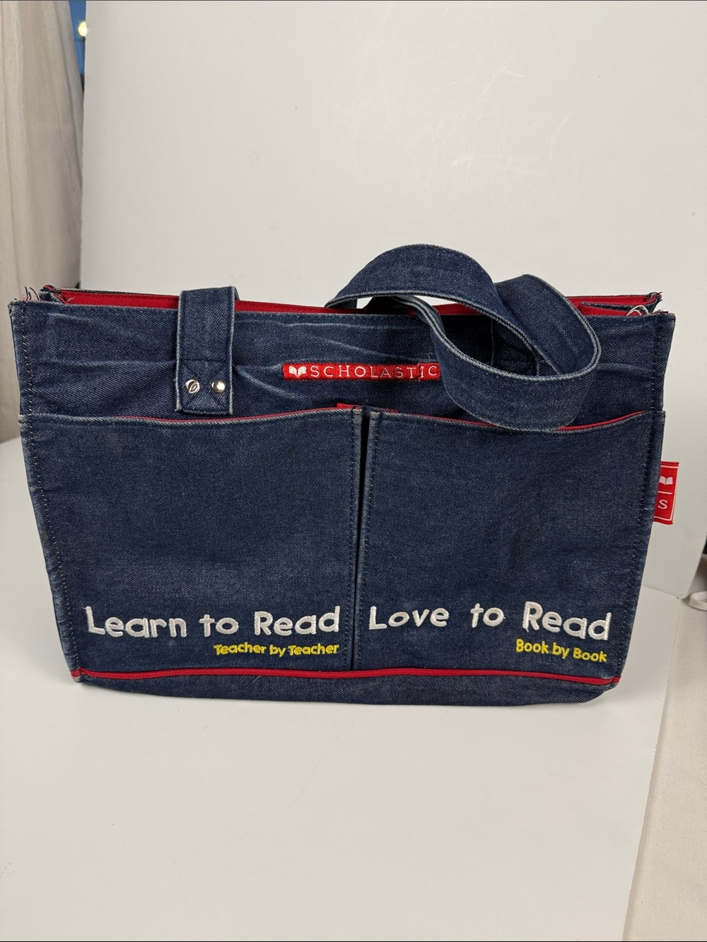 Scholastic Navy Denim Messenger Tote with Red Trim